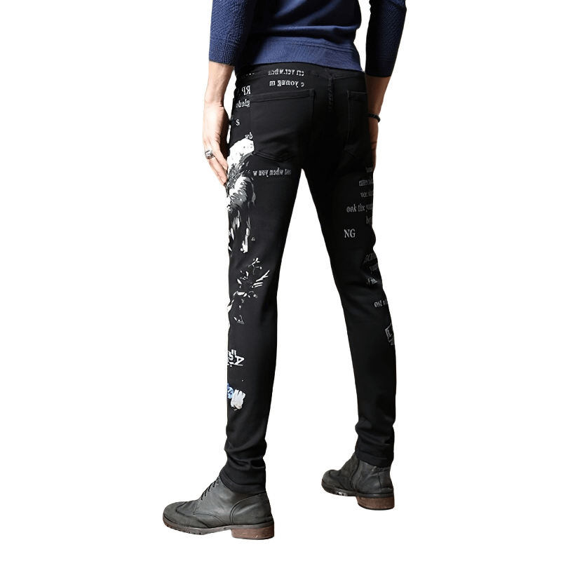 Men's black denim graffiti pants showcasing alternative style and unique design, perfect for fashion-forward individuals.