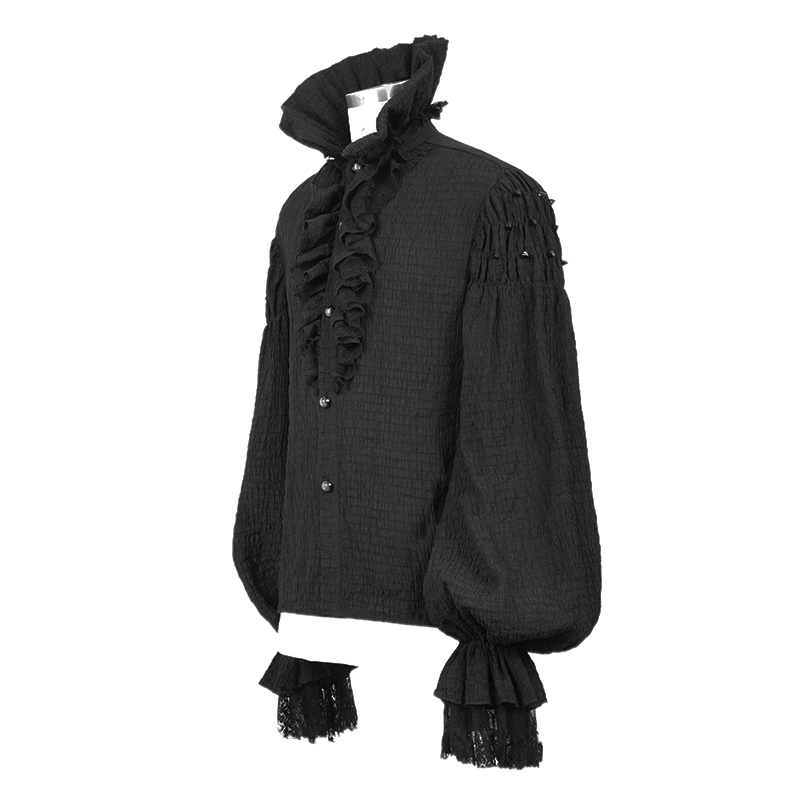 Male Long Sleeve & Stand Collar Shirt in Gothic Style / Vintage Black Blouses for Men - HARD'N'HEAVY