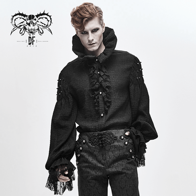 Male Long Sleeve & Stand Collar Shirt in Gothic Style / Vintage Black Blouses for Men - HARD'N'HEAVY