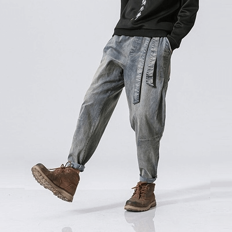 Stylish men's loose denim pants with belt and comfortable fit, perfect for casual wear in various colors.