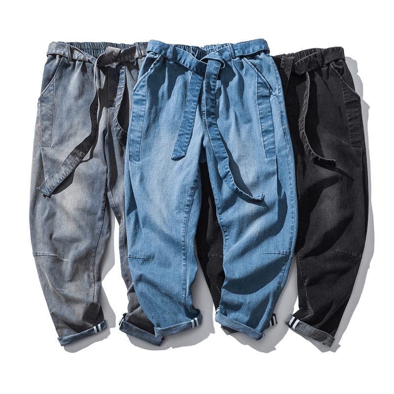 Three pairs of loose denim pants with belt in blue, gray, and black styles, perfect for casual outfits.