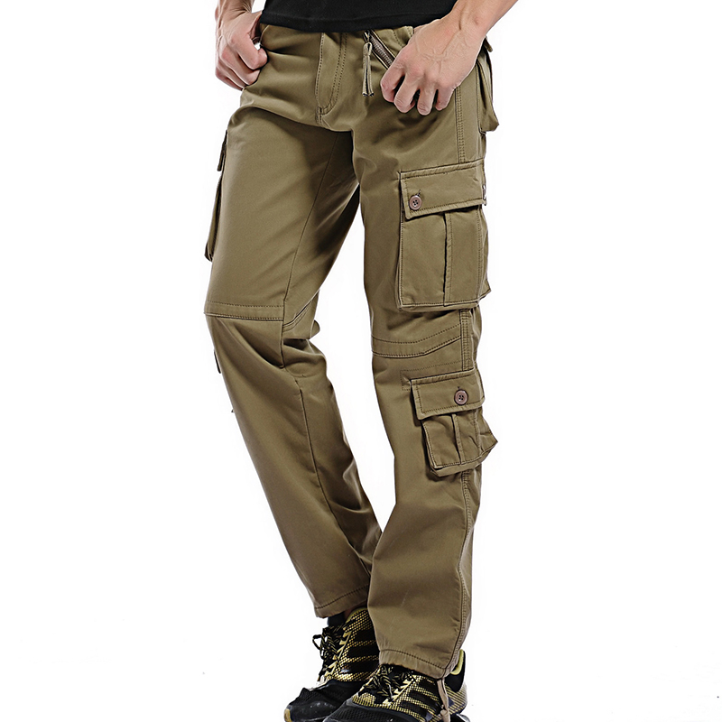 Men's military cargo pants in khaki, featuring multiple pockets and a stylish relaxed fit for casual and tactical wear.