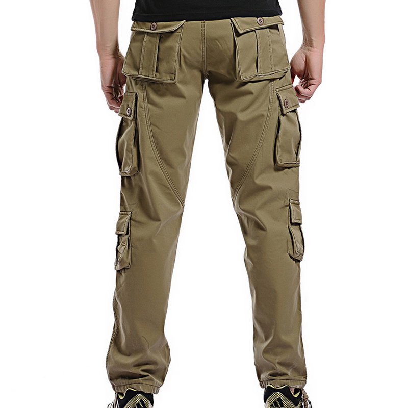Back view of men's military cargo pants with multiple pockets, perfect for casual wear or outdoor activities.