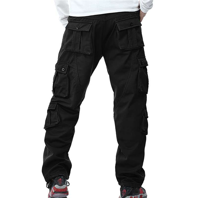 Men's black military cargo pants with multiple pockets, perfect for tactical use and casual wear.
