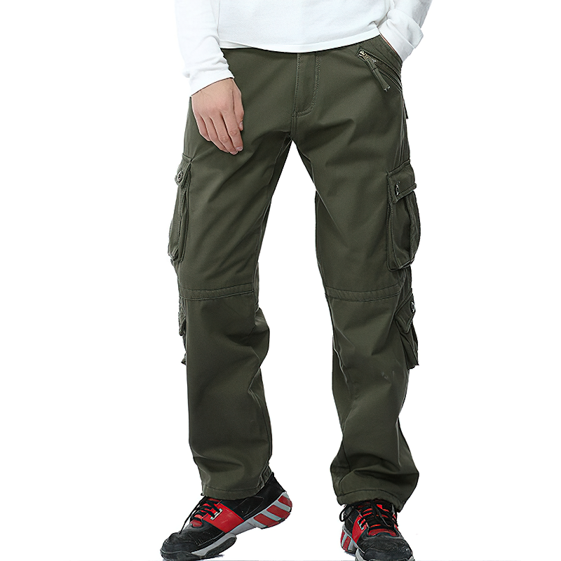 Men's military cargo pants in olive green, featuring multiple pockets and a stylish rock casual design.