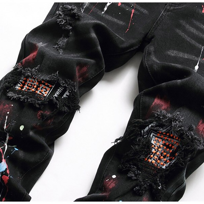 Male Painted Pants With Distressed Holes Ripped / Black Zipper Denim Trousers for Men - HARD'N'HEAVY