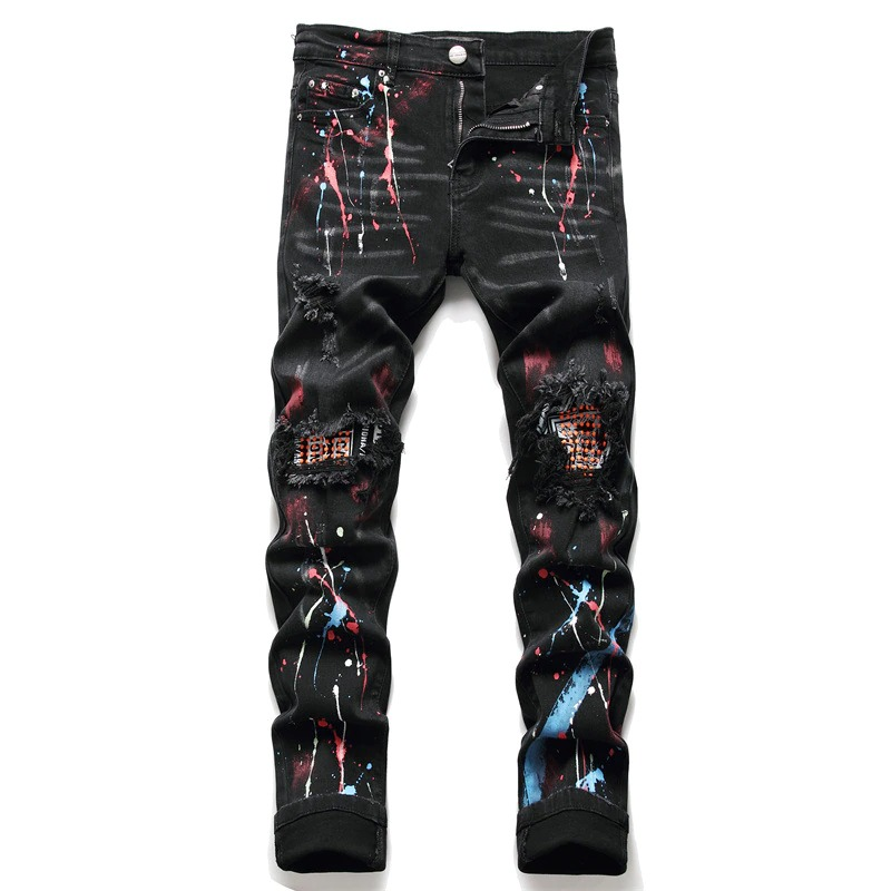 Male Painted Pants With Distressed Holes Ripped / Black Zipper Denim Trousers for Men - HARD'N'HEAVY