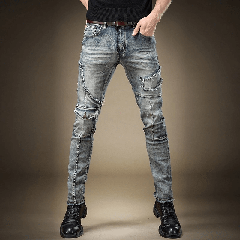 Male Pockets Denim Jeans / Casual Motorcycle Patchwork Trousers / Alternative Clothing for Men
