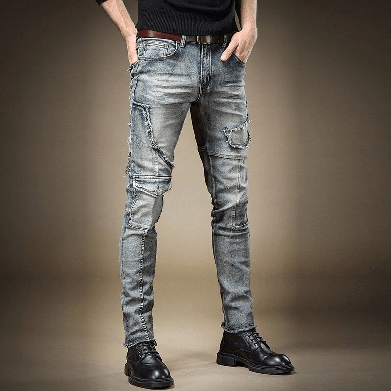 Male Pockets Denim Jeans / Casual Motorcycle Patchwork Trousers / Alternative Clothing for Men