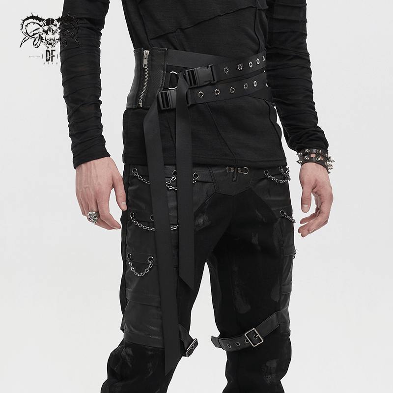 Men's punk eyelet buckled belt in alternative style, featuring crisscross design and chains. Perfect for edgy fashion.