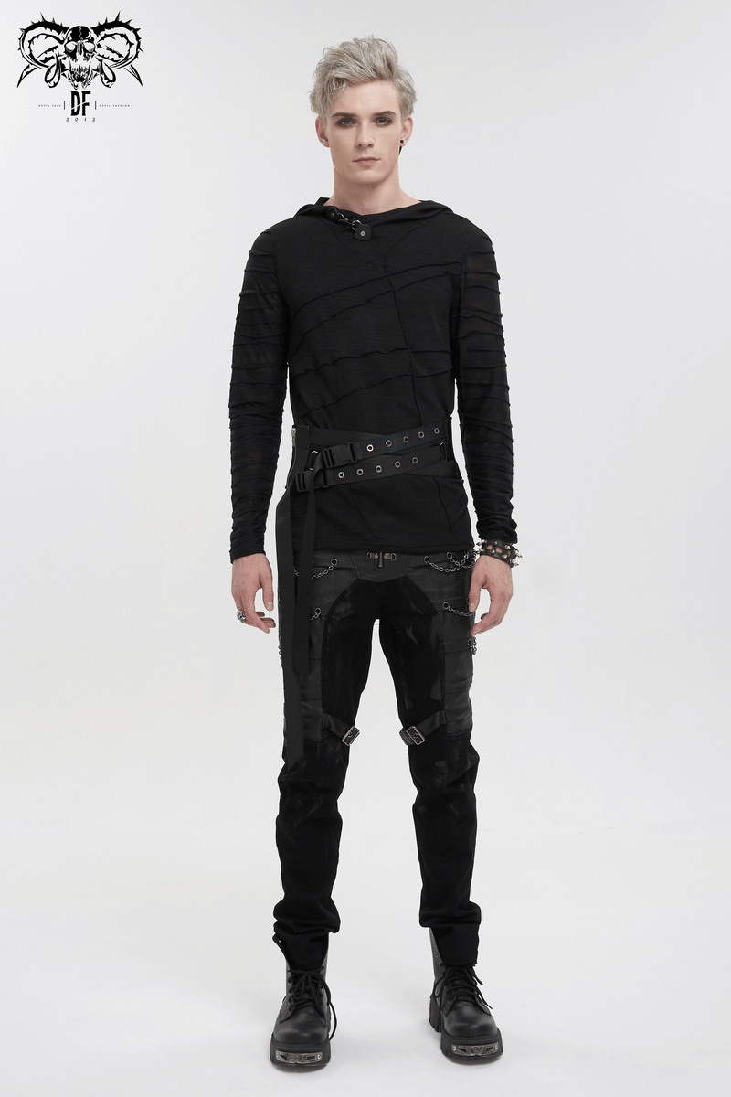Stylish male model in black punk outfit with eyelet-buckled belt and unique design for alternative fashion.