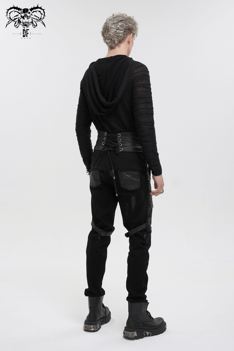 Man wearing a black punk hoodie and eyelet buckled belt, showcasing alternative style fashion.