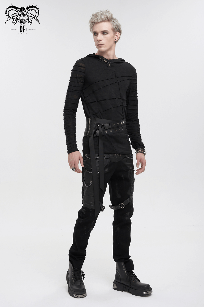 Male model in punk style clothing with eyelet buckled belt, showcasing bold alternative fashion.