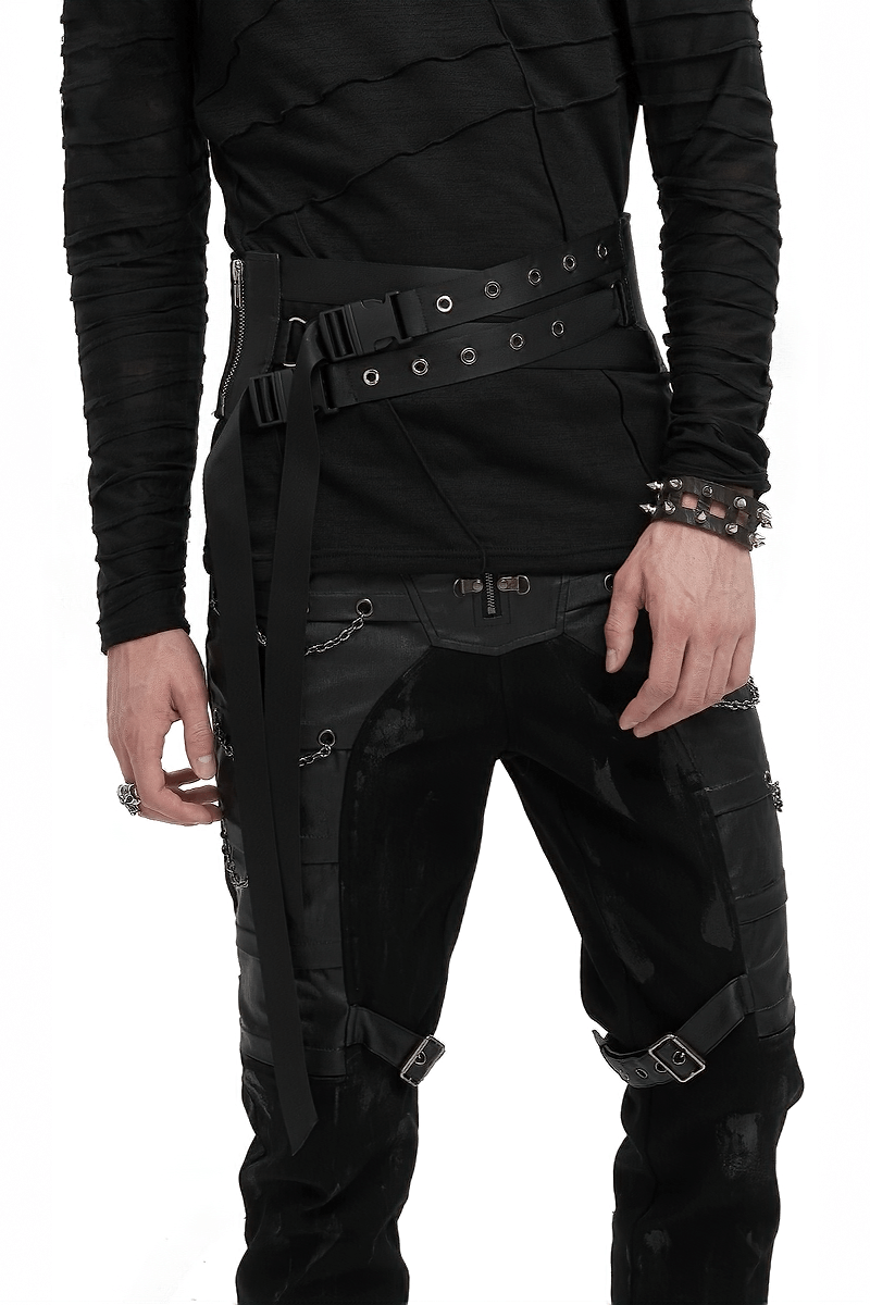 Men's punk eyelet buckled decussate belt styled with edgy black outfit, perfect for alternative fashion lovers.