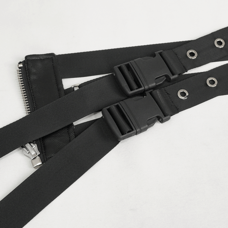 Male punk eyelet buckled decussate belt with adjustable buckles and durable straps.