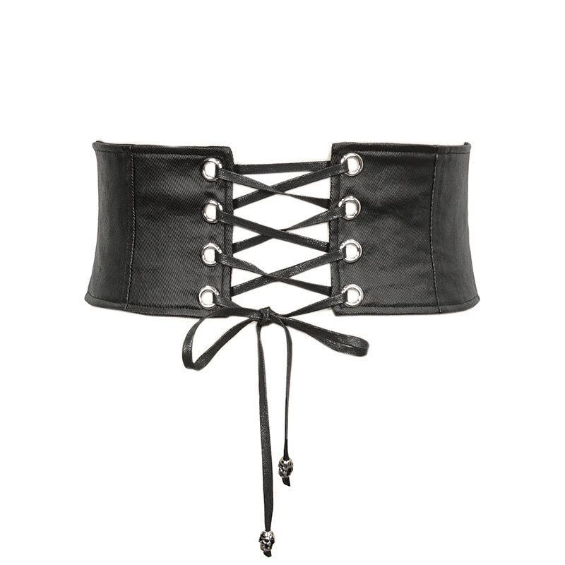 Bold black leather corset belt with eyelet lacing and skull accent, perfect for punk styles.