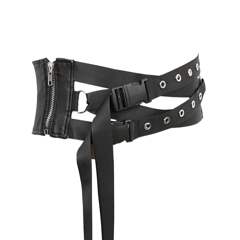 Men's punk eyelet buckled decussate belt in black, featuring a unique crisscross design and durable materials.