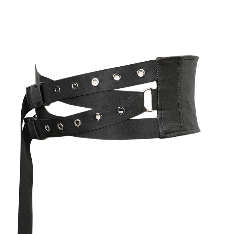 Stylish male punk eyelet buckled decussate belt showcasing crisscross design and adjustable closure.
