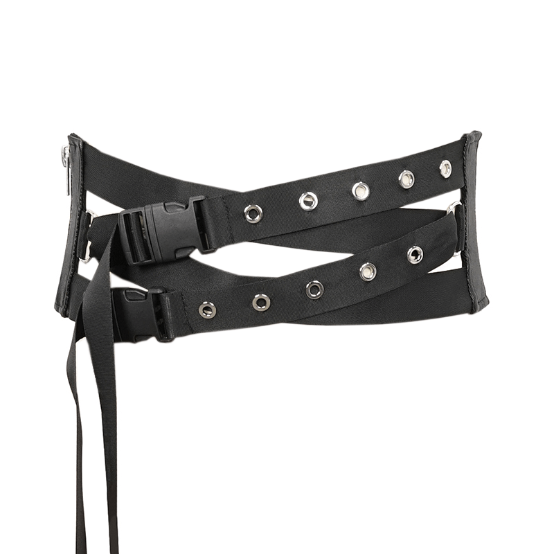Men's punk eyelet buckled decussate belt with crisscross design and adjustable closure.