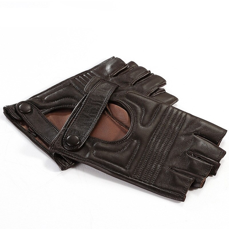 Stylish brown leather fingerless gloves in punk style, perfect for adding a bold accessory to your outfit.