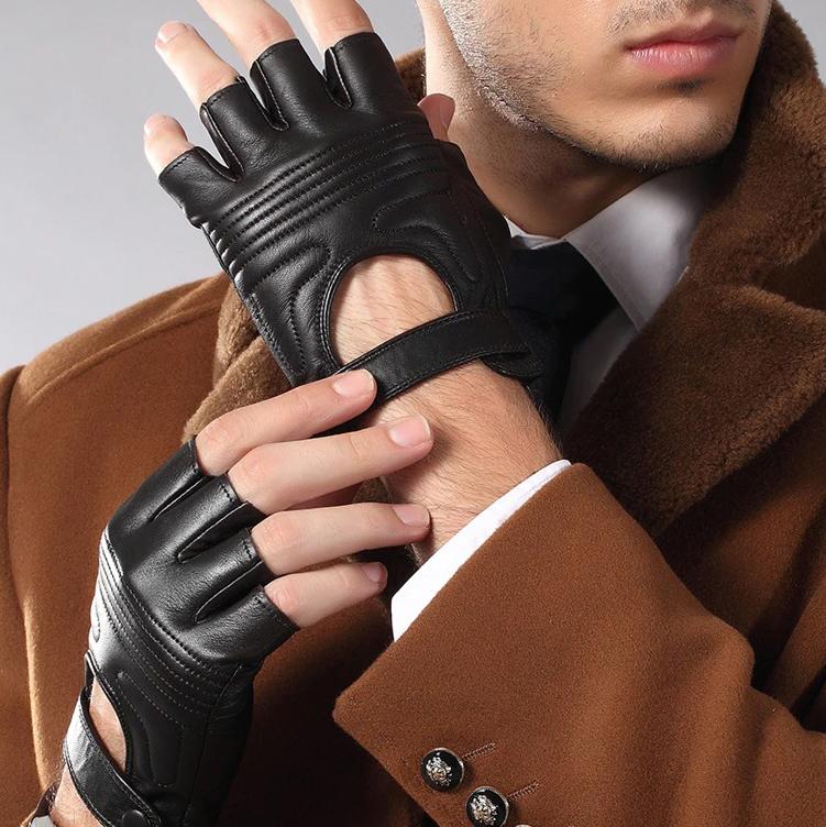 Men's black leather fingerless tactical gloves in punk style, perfect accessory for edgy outfits.