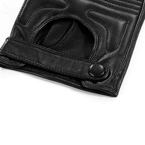 Close-up of black male fingerless leather gloves with snap closure, perfect for punk style outfits.