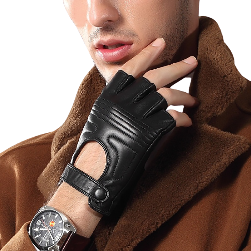 Stylish male model wearing black leather fingerless punk gloves, showcasing edgy fashion with a brown coat.