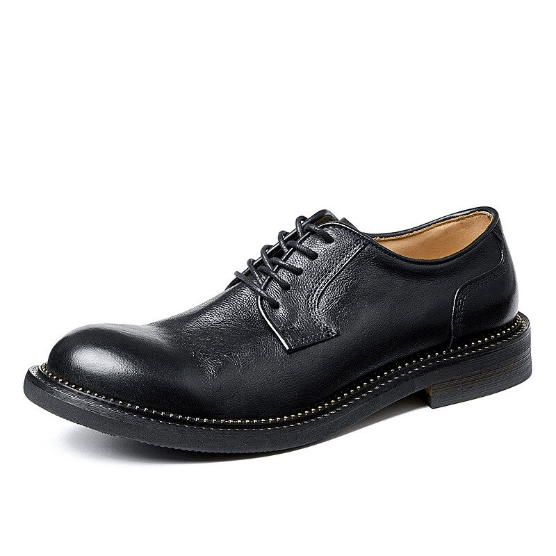 Black retro style leather Oxford shoes with round toe and lace-up design, perfect for casual men's footwear.