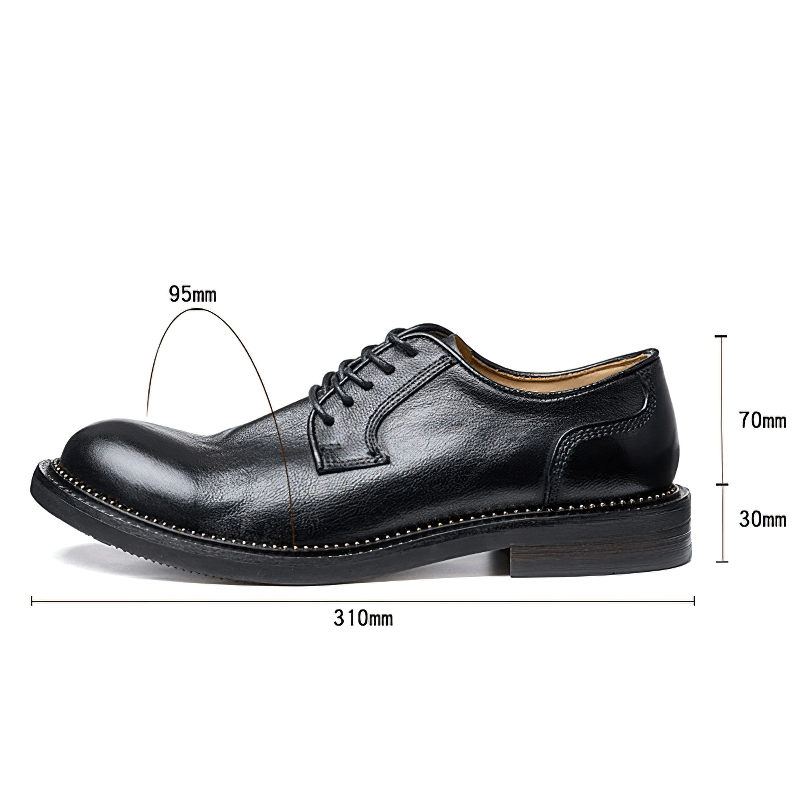 Side view of stylish black retro leather Oxford shoes with lace-up design and measurements displayed.