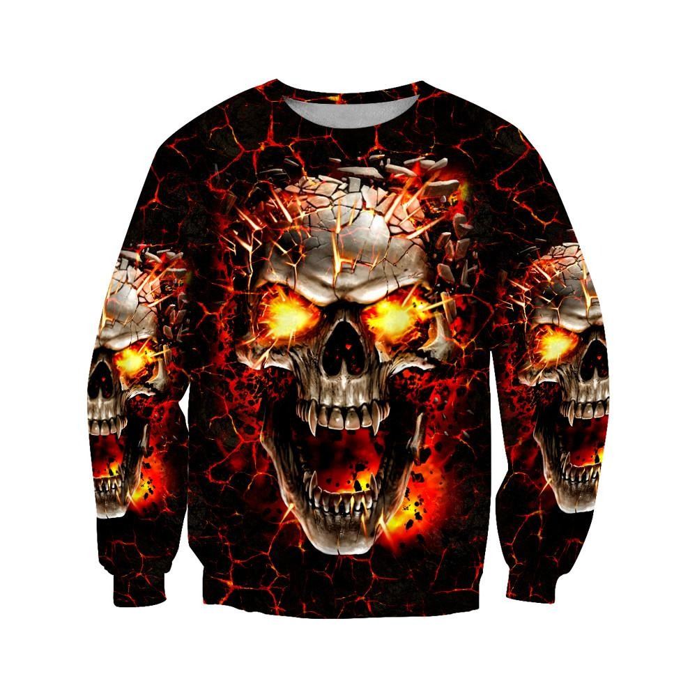 Men's rock style sweatshirt with bold 3D fire skull print and fiery accents, ideal for individualistic fashion lovers.