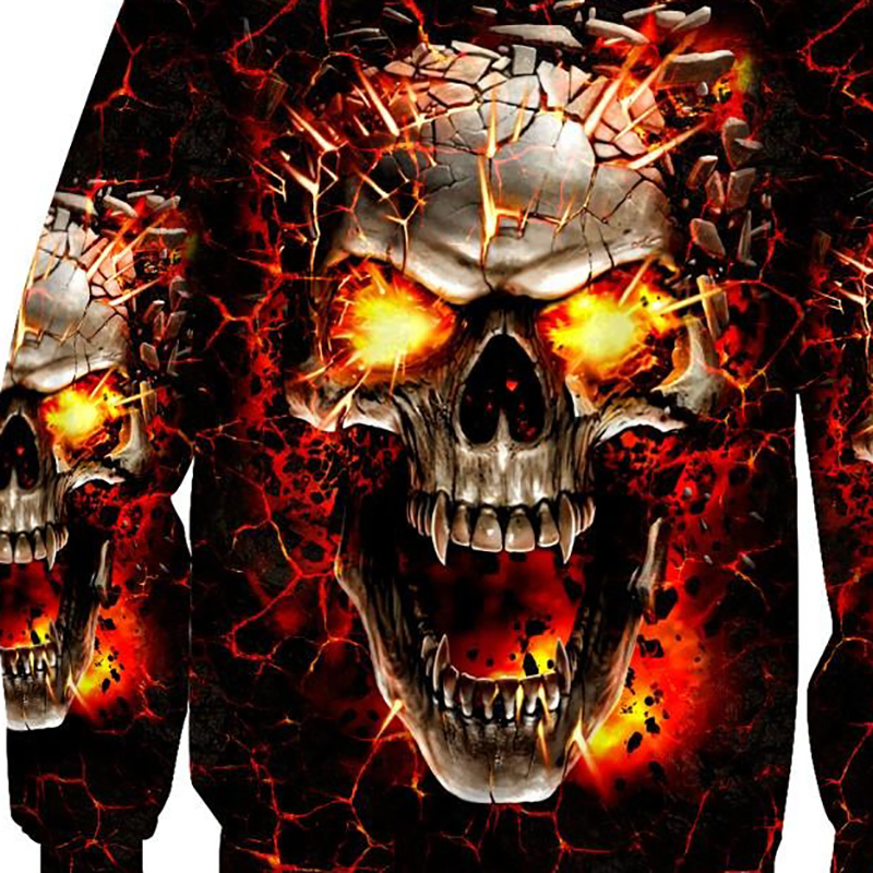 Men's rock style sweatshirt featuring a 3D fire skull print with glowing eyes and cracked texture.