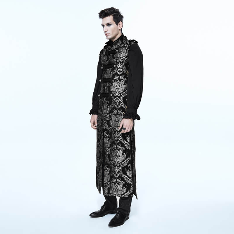 Male Silver Embroidery Long Sleeveless Long Coat in Gothic Style / Steampunk Vintage Outerwear for Men - HARD'N'HEAVY