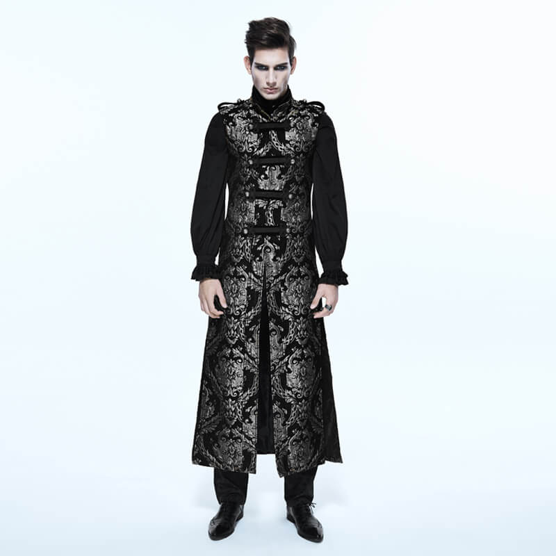 Male Silver Embroidery Long Sleeveless Long Coat in Gothic Style / Steampunk Vintage Outerwear for Men - HARD'N'HEAVY