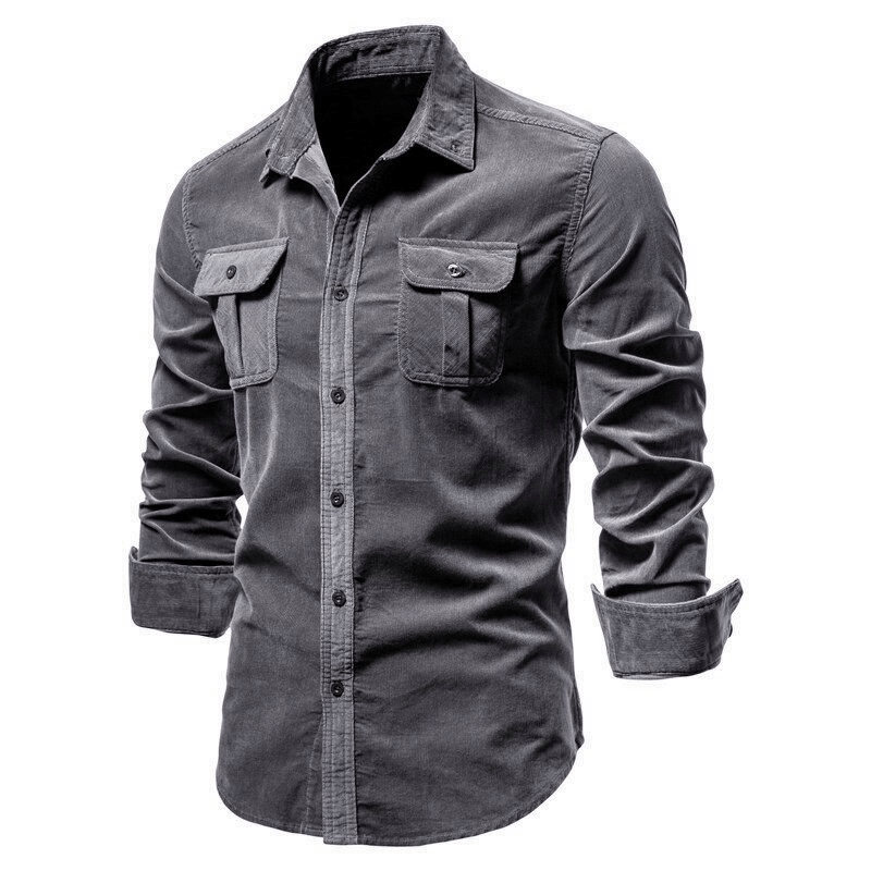 Male Solid Color Slim Fit Full Shirt / Fashion Corduroy Shirts for Men with Pockets - HARD'N'HEAVY