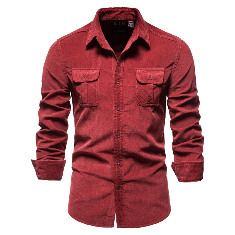 Male Solid Color Slim Fit Full Shirt / Fashion Corduroy Shirts for Men with Pockets