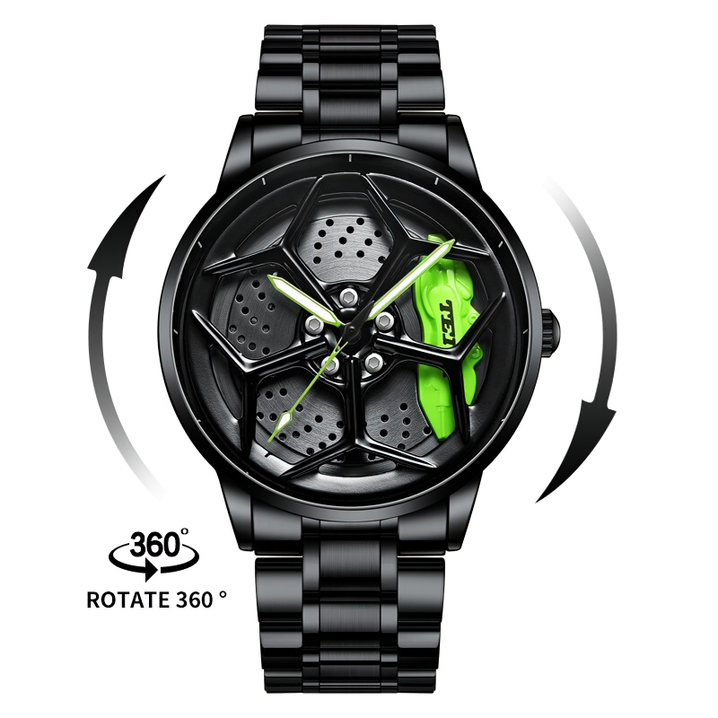 Stylish male 3D spinning waterproof watch in black with green accents, perfect casual accessory for men.
