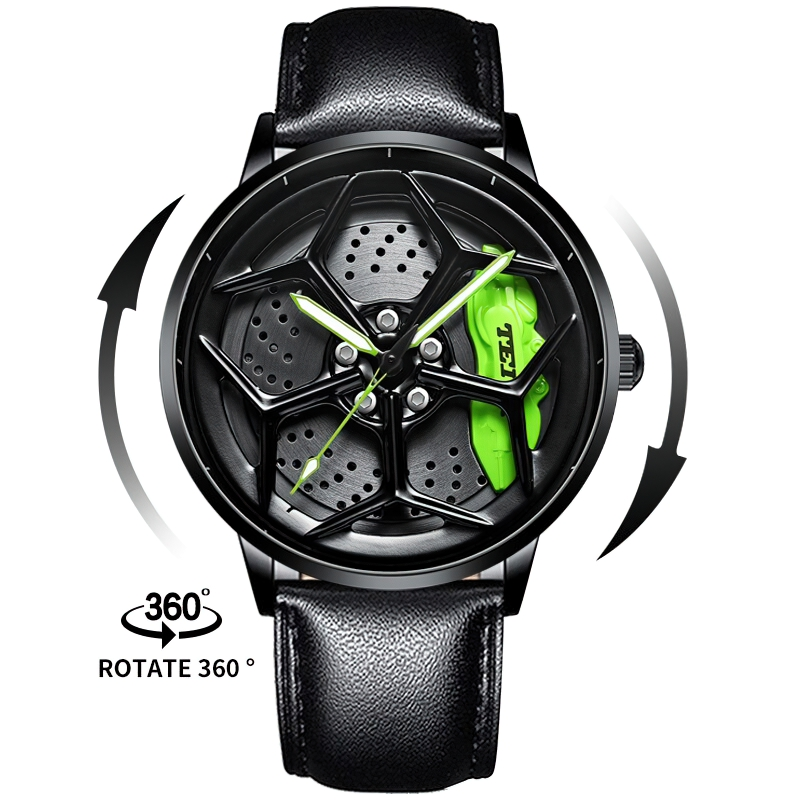 Stylish men's 3D spinning watch with black leather strap and green accents, showcasing a unique car wheel design.