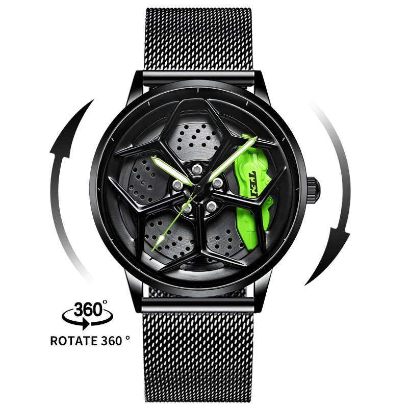 360° view of a stylish male 3D spinning waterproof watch featuring a black dial and green accents, perfect casual accessory.
