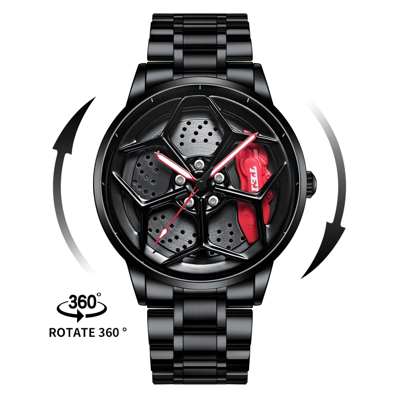 Male stylish quartz watch with 3D spinning car wheel design and black band, waterproof and casual accessory.
