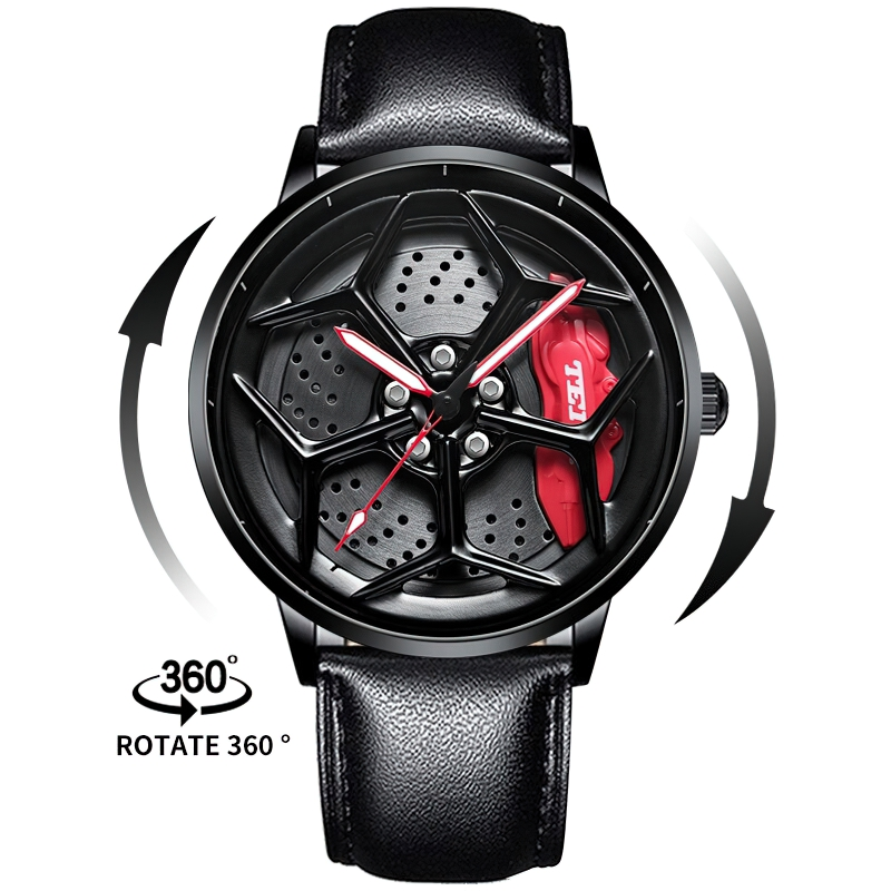 Stylish men's 3D spinning waterproof watch designed like a car wheel, featuring a sleek black strap and red accents.