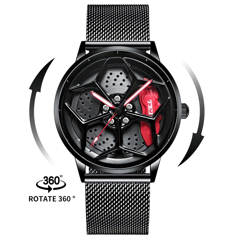 Stylish men's 3D spinning watch designed like a car wheel, showcasing a waterproof and trendy accessory.
