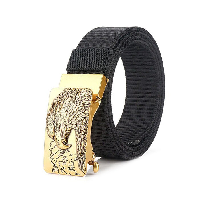 Male tactical military canvas belt with eagle buckle for outdoor activities, 125cm long, stylish and durable.