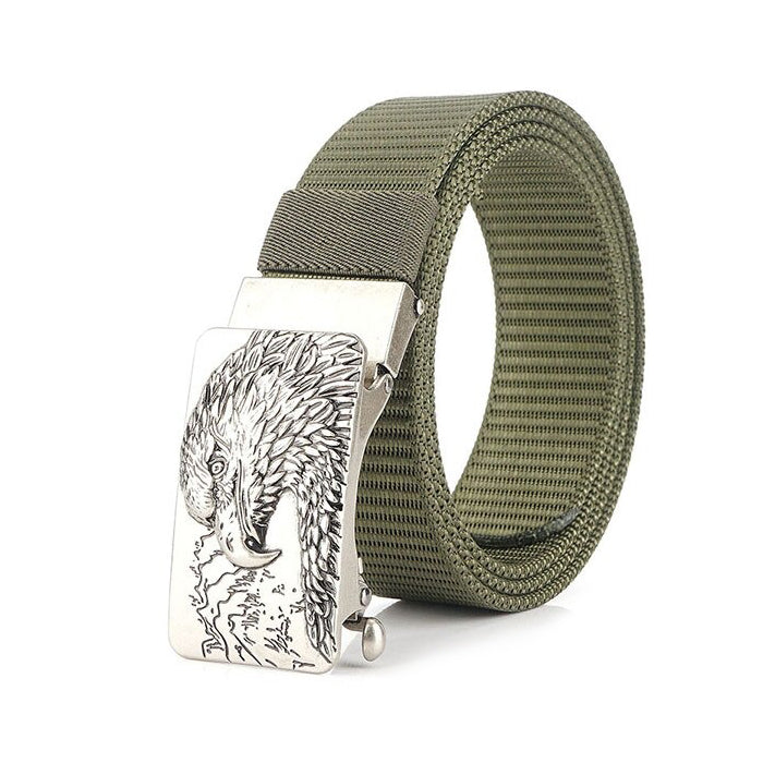 Male tactical military canvas belt with eagle buckle, perfect for outdoor and army wear.