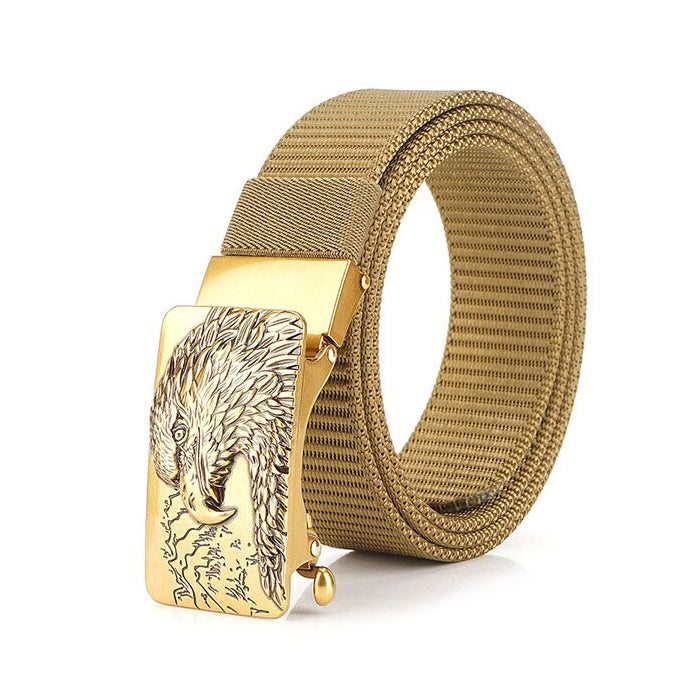 Male tactical canvas belt with eagle buckle, ideal for outdoor and military fashion.