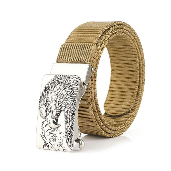 Tactical military canvas belt with eagle-engraved buckle, durable outdoor army accessory.