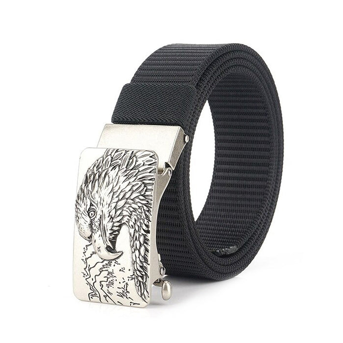 Military canvas belt with eagle buckle, 125cm long, ideal for outdoor and tactical wear, features durable design.