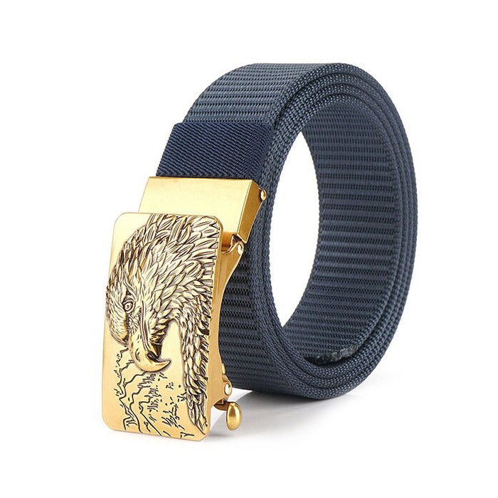 Male tactical military canvas belt with eagle emblem buckle, durable outdoor army belt.