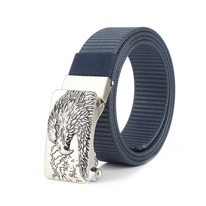 Male tactical military canvas belt featuring eagle buckle, perfect for outdoor and army gear.