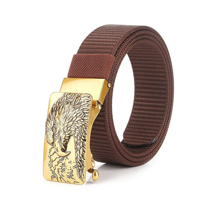 Male tactical military canvas belt with eagle buckle, perfect for outdoor and army use.