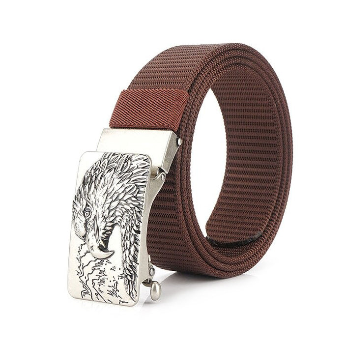 Male tactical military canvas belt with an eagle buckle, perfect for outdoor adventures and military attire.